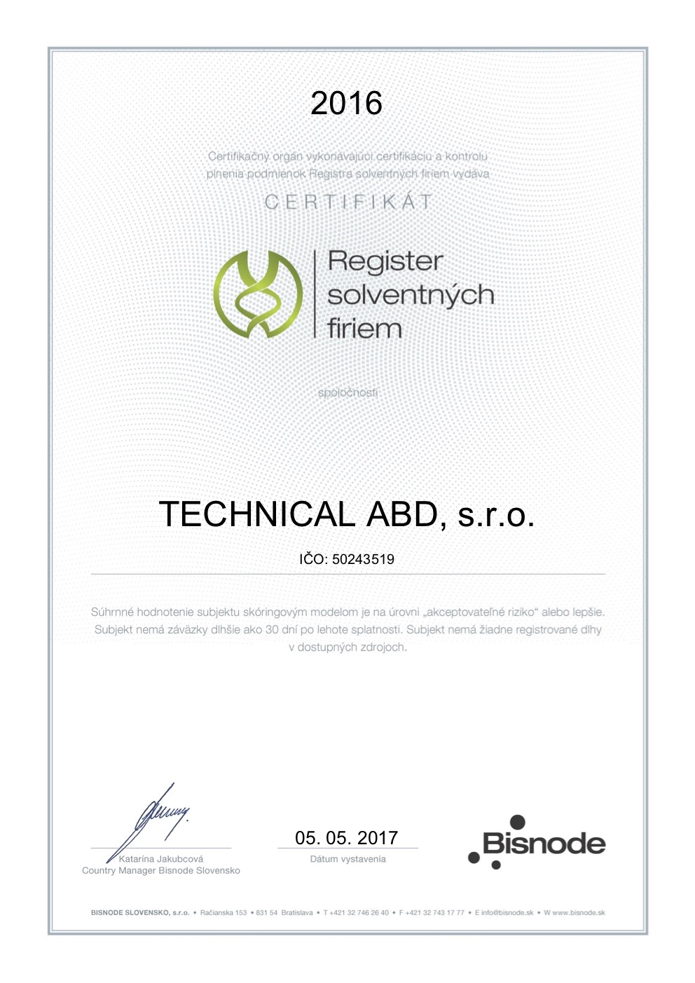 Certifikát Registra solventných firiem